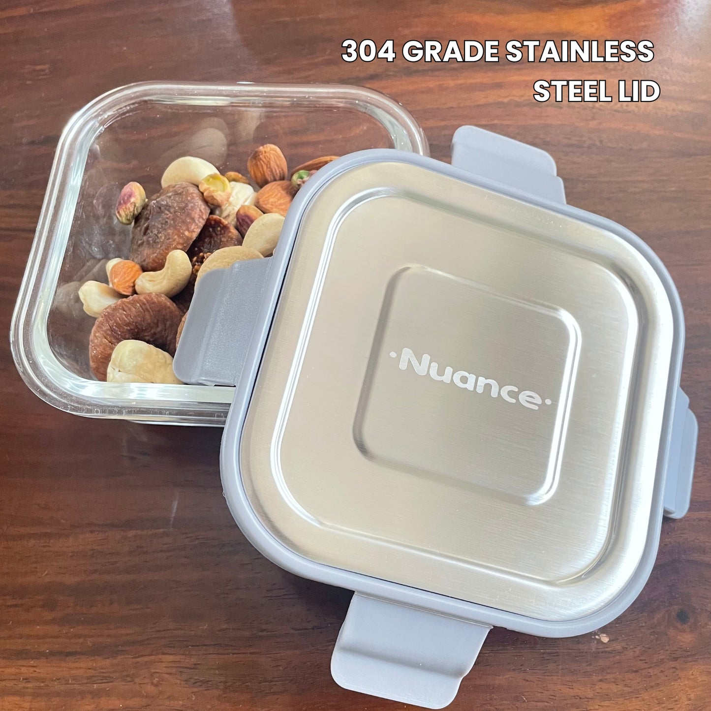 Nuance Borosilicate Glass Container 320 ml With 304 Grade Stainless Steel Lid ( Set of 3)