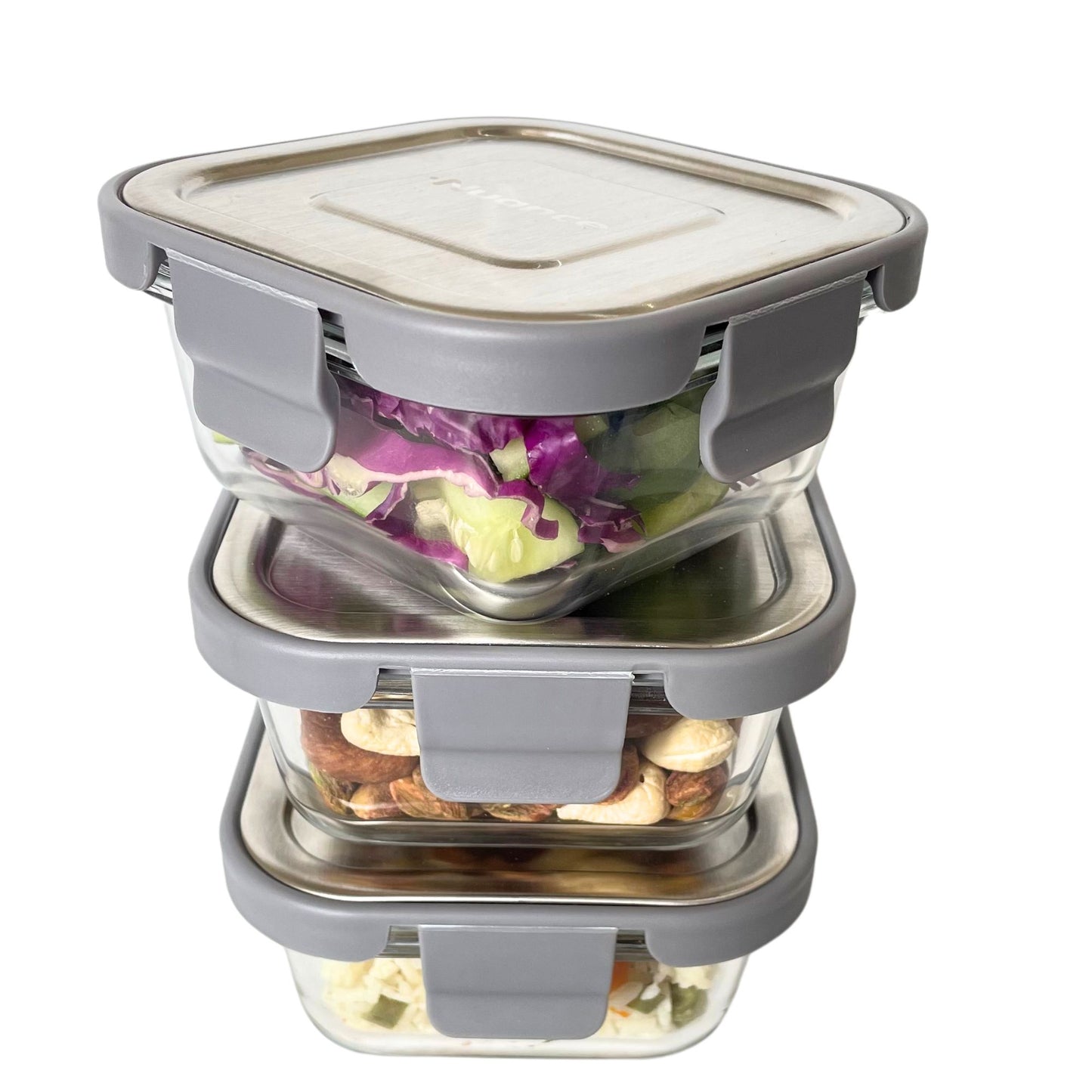 Nuance Borosilicate Glass Container 320 ml With 304 Grade Stainless Steel Lid ( Set of 3)